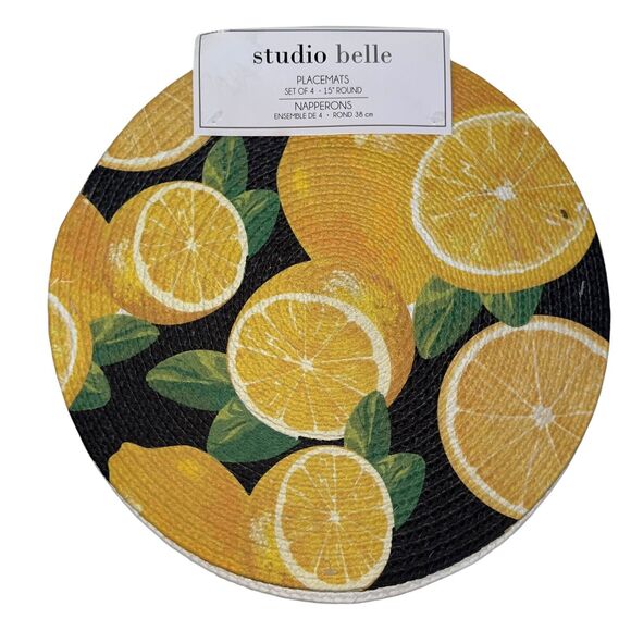 Round 15" Placemats Woven Lemon Table Farmhouse Country Decor Yellow Black x4 - Picture 6 of 7